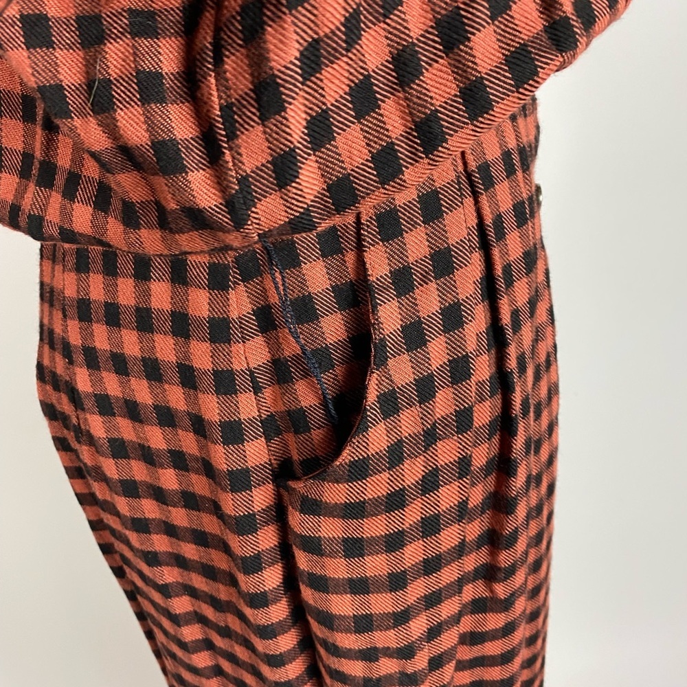 VINTAGE 90s Moda Intl Gingham Plaid Clay & Black Long Sleeve Button Dress Medium - Picture 4 of 8